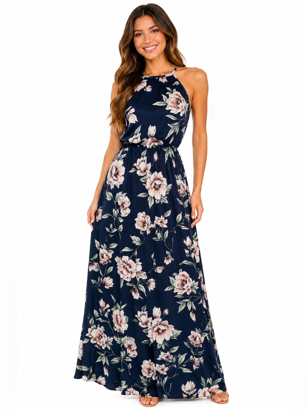 French Grey Navy Floral Maxi Dress Cottagecore Boho Sleeveless Elastic Waist S